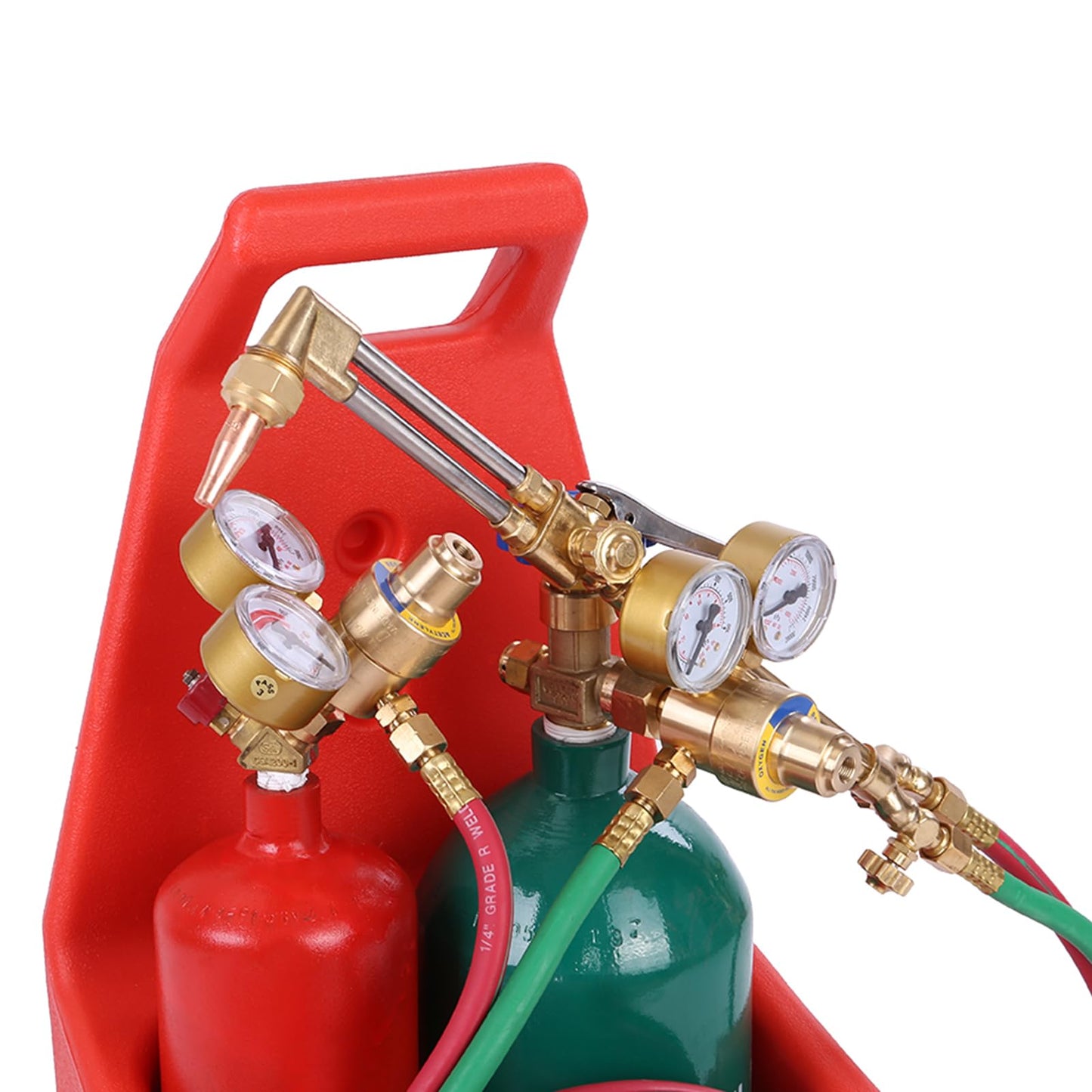 HEVIRGO Welding Brazing Cutting Torch Kit with Oxygen Acetylene Tanks, Professional Portable Tote Oxygen Acetylene Oxy Long Pipe Brass Nozzle Welding Torch Kit with Gauge