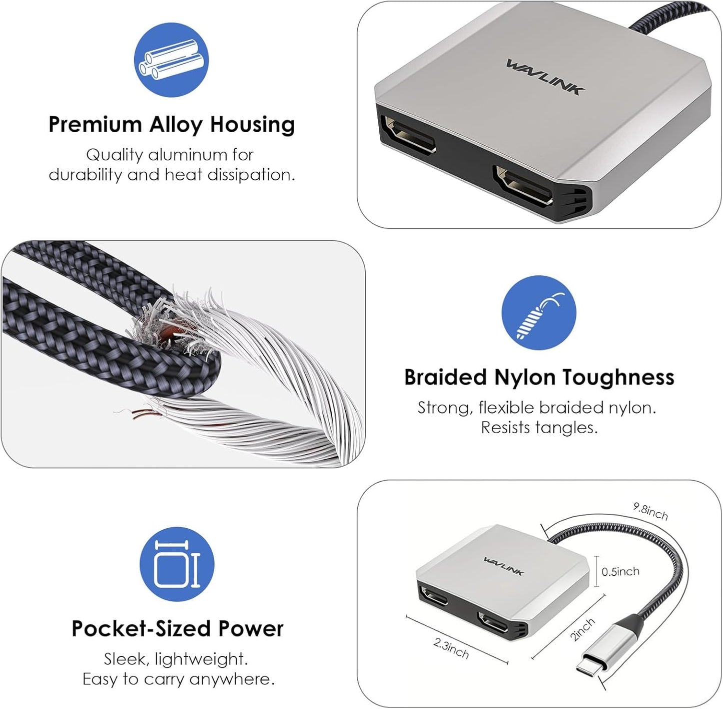 WAVLINK 4K@60Hz 95W USB C to Dual HDMI Adapter, Dual Monitor Splitter, Dual HDMI, PD, Compatible with Dell