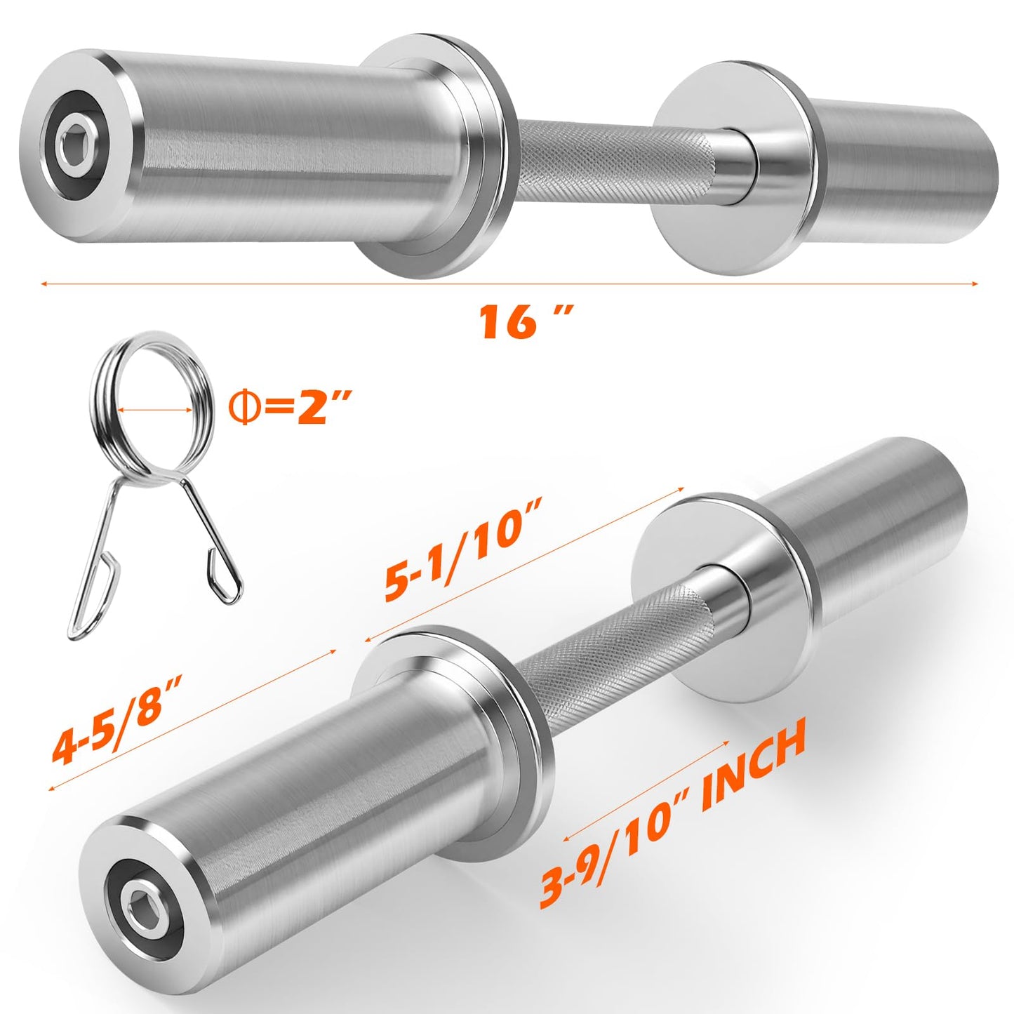 Pair of 16" Olympic Dumbbell Handles – Loadable Dumbbell Bars for 2" Olympic Weight Plates (150LBS Weight Capacity), Ideal for Home Gym Strength Training – Includes 2 Pairs of Spring Collars (Silver)