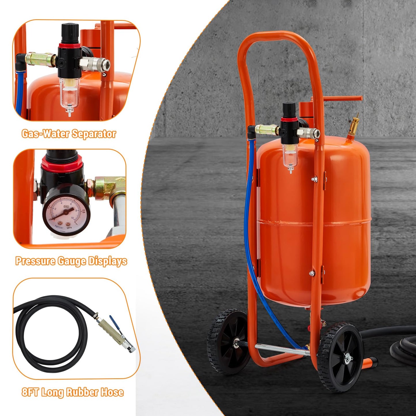 GarveeTech 5 gal Sand Blasting Machine, 60-110 Psi Pressure Air Sand Blasting Kit w/4 Ceramic Nozzles & Oil-Water Separator, Portable Abrasive Blaster for Stain Removal Paint, Orange
