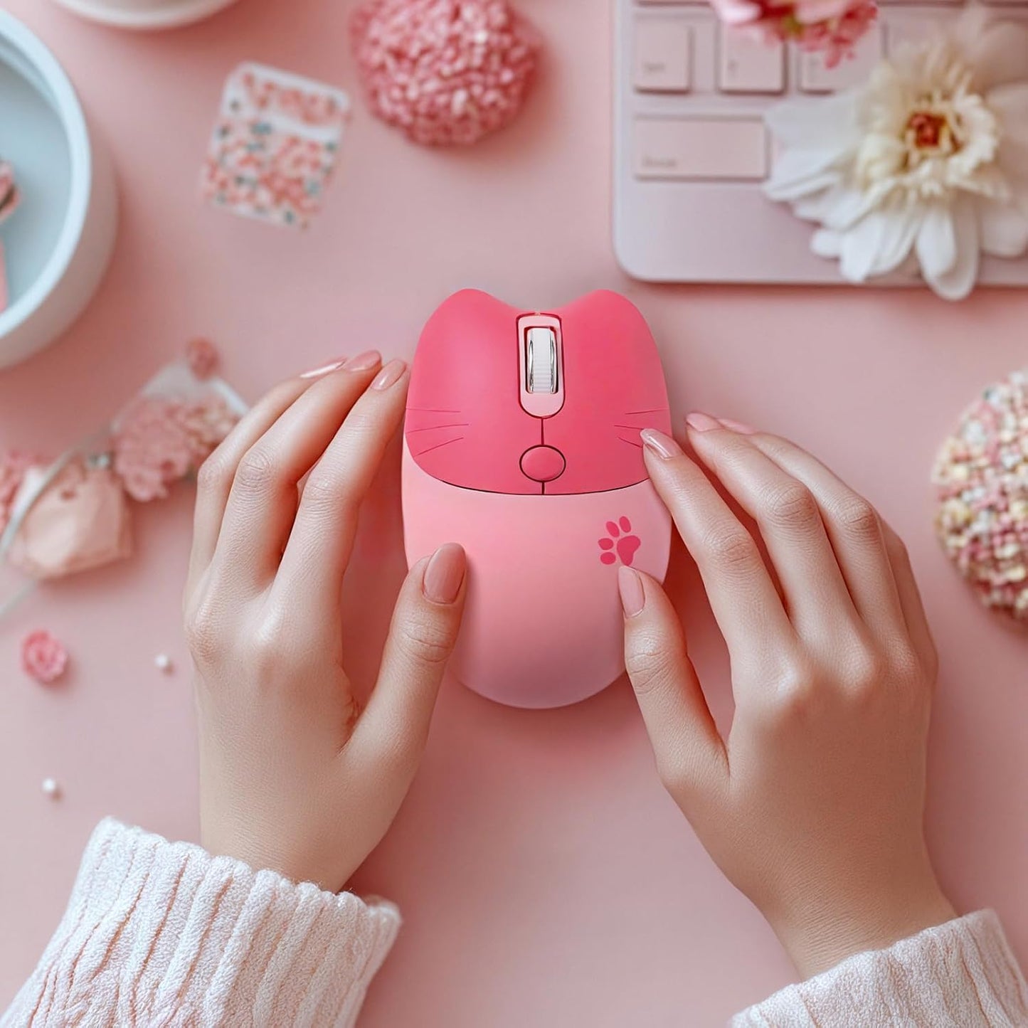 Lomiluskr 2.4G Cute Cat Wireless Mouse, Lightweight Soundless Mice, Wireless Mice, Candy Colors, Kawaii Mouse for Girls