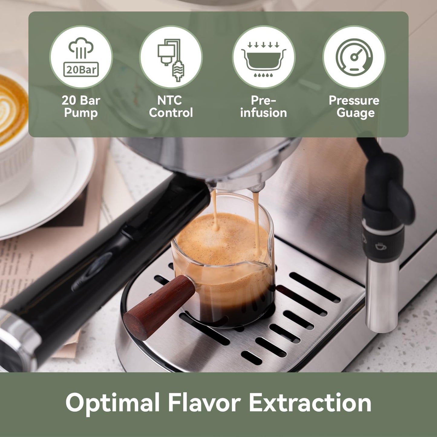 Gevi Espresso Machine 20 Bar - Auto Milk Frother & Steam Wand, NTC Temp Control, Compact Stainless Steel Cappuccino Maker, Ideal for Coffee Lovers & Home Baristas