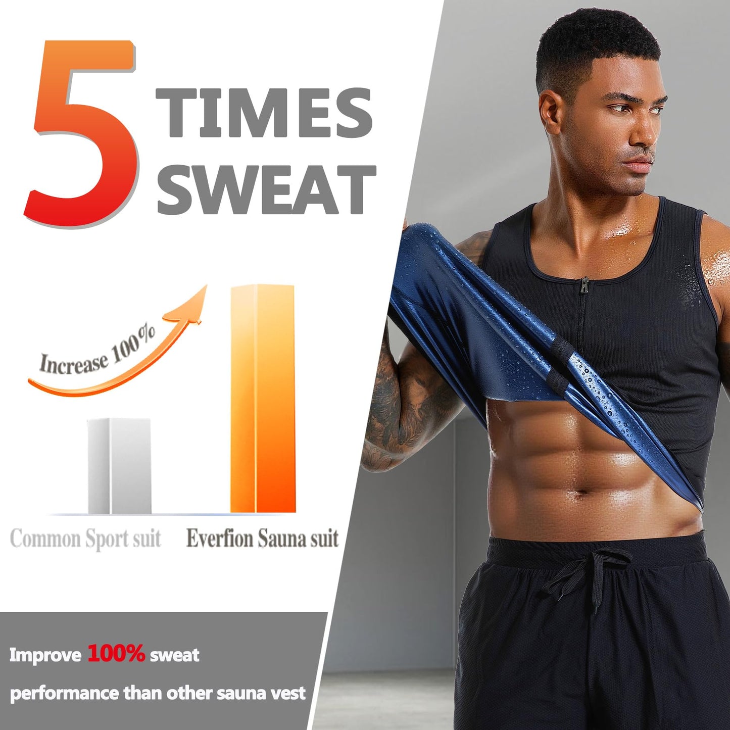 Everfion Men's Sauna Vest Zipper Ribbed Sweat Suit Waist Trainer, Sleeveless Sauna Shirt for Men Compression Tank Top