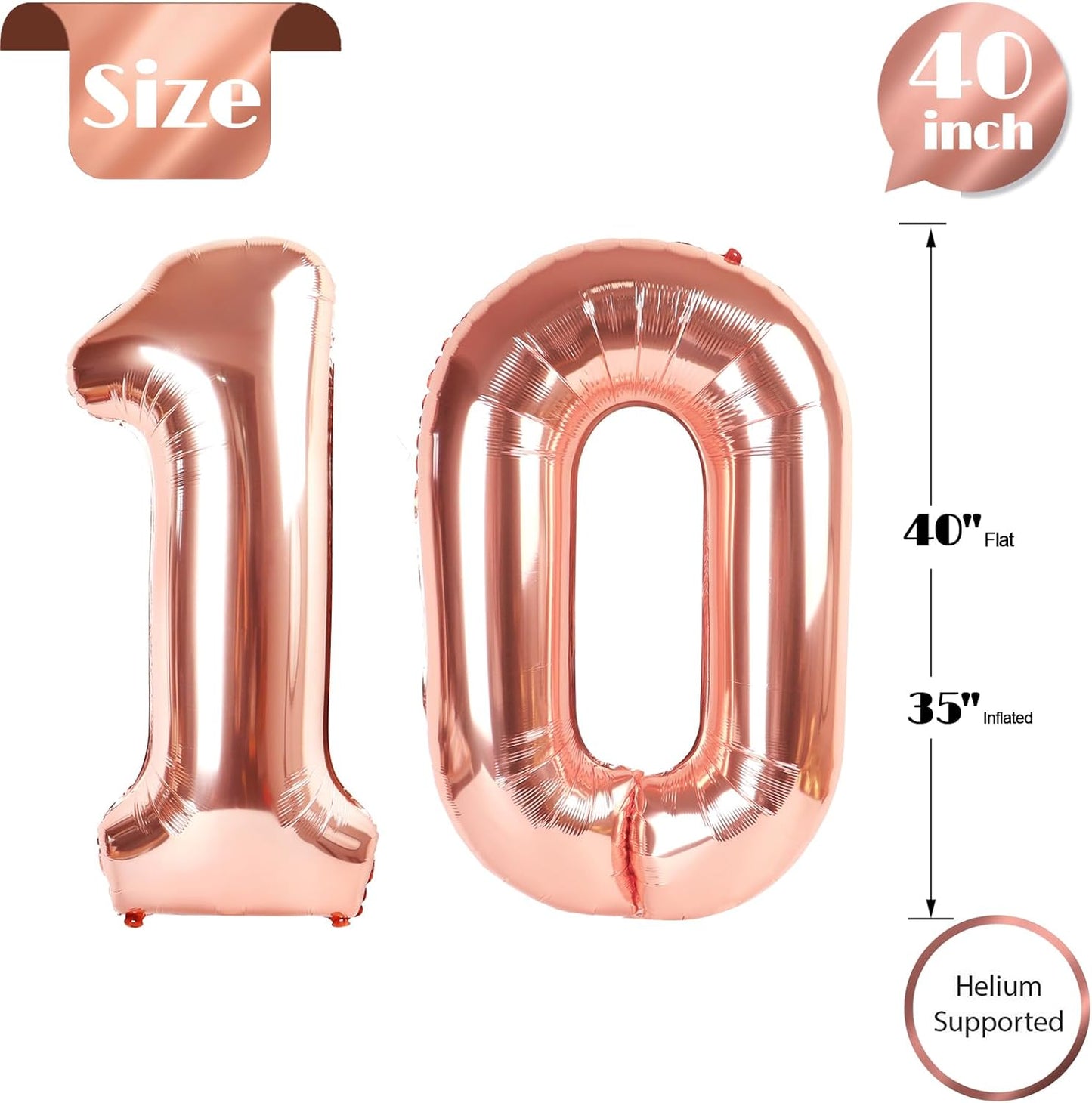 Rose Gold Number 10 Balloon - 40 Inch 10th Birthday Decoration for Girls & Boys