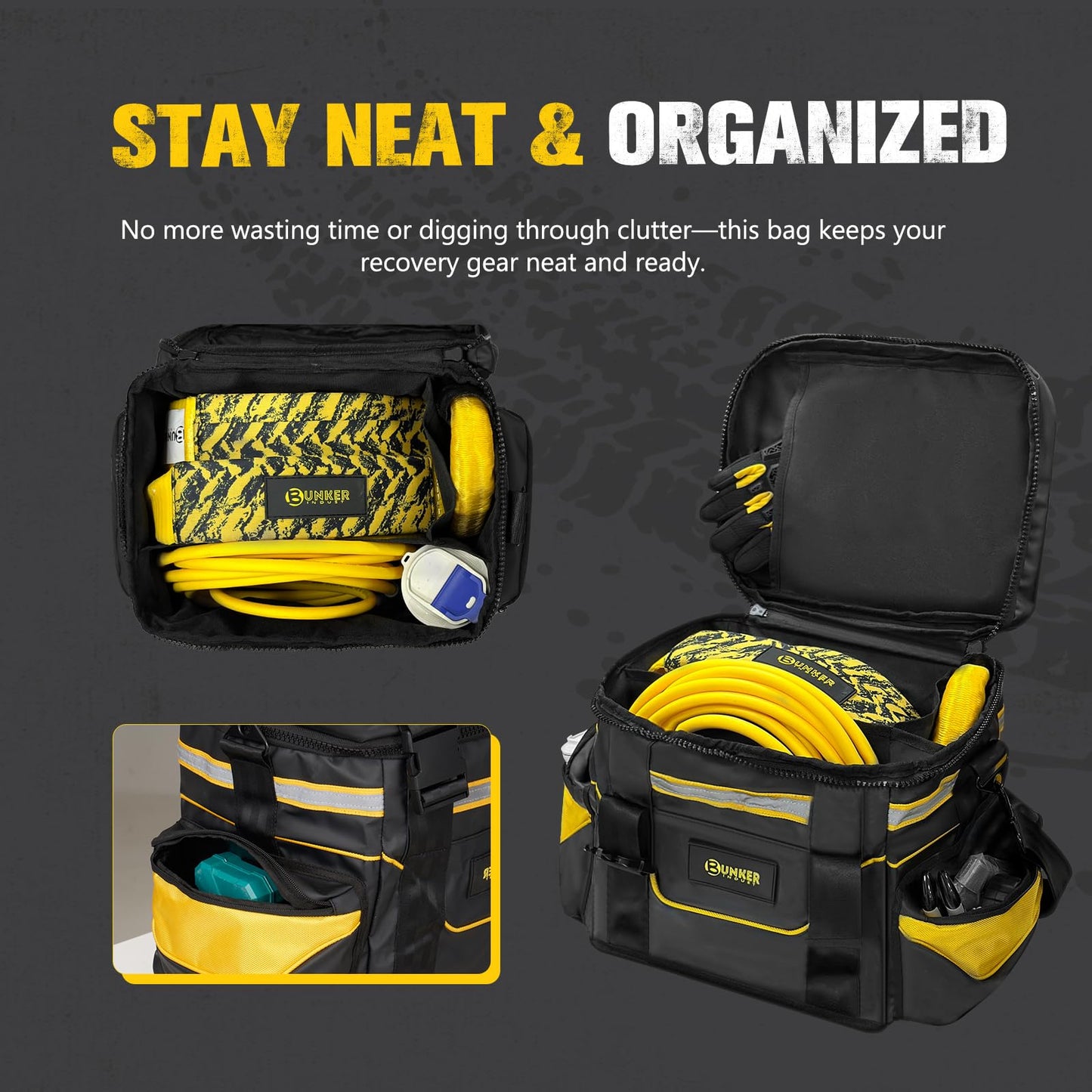BUNKER INDUST Heavy Duty Recovery Gear Bag with Shoulder Strap, Large Recovery Equipment Bag with Reflective Strips for Offroad Accessories, Universal Multi-Pockets Storage Bag Tool Organizer
