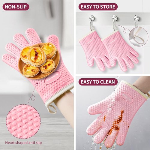 MAD SHARK Silicone Oven Mitts - Heat Resistant Up to 450°F | Waterproof & Non-Slip Design, Pink