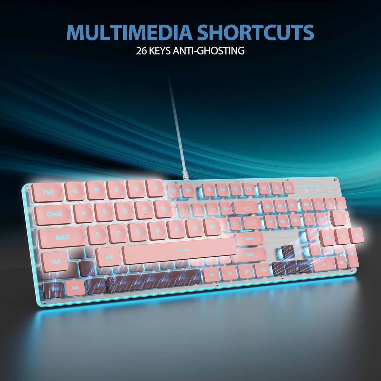 SbocKeeb 104-Key Retro Punk Keyboard - Full Size Typewriter Pink Keyboard with Square Keycap and LED Blue Backlight