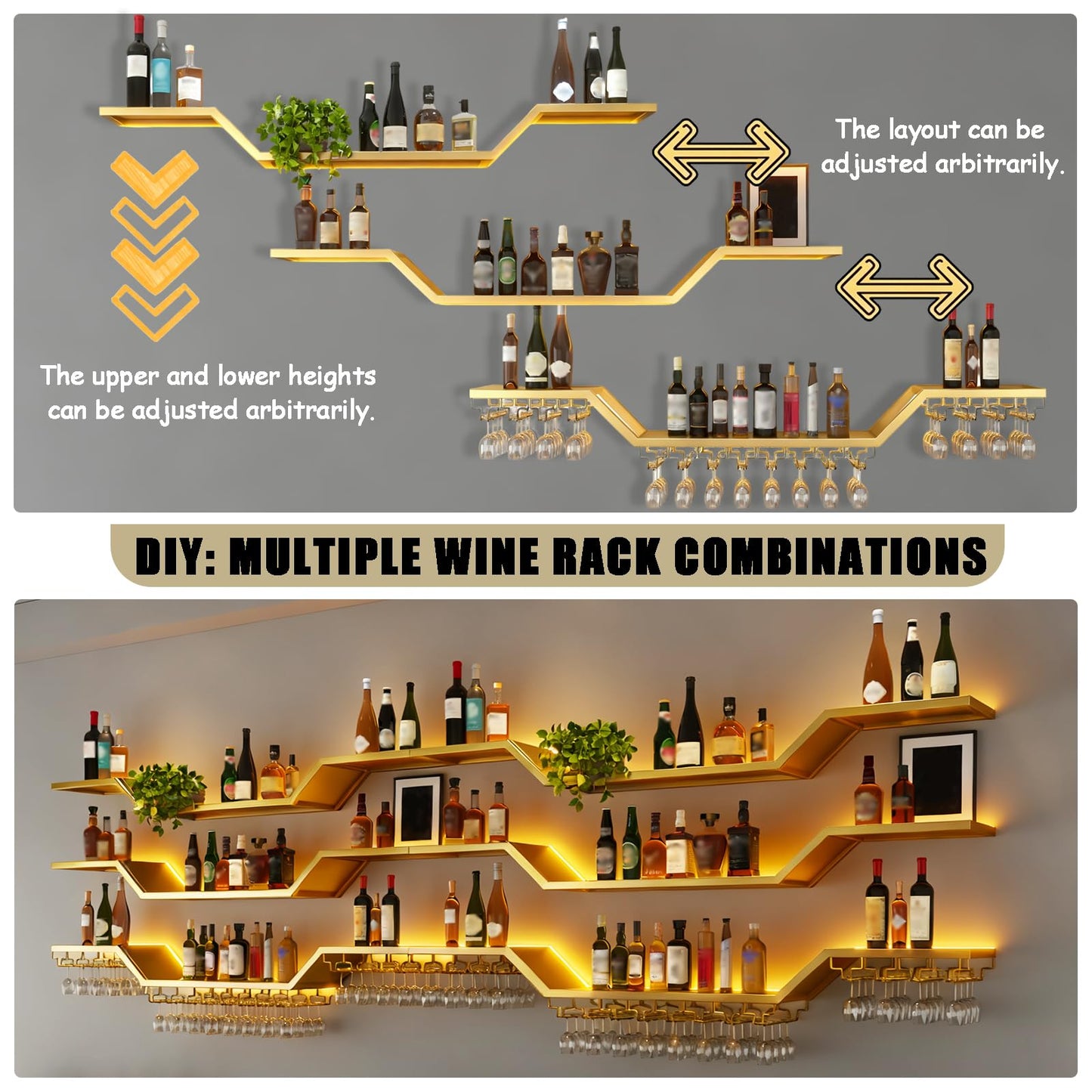 TAUODUYY 63in Modern LED Wine Rack Wall Mounted, 3-Tier Floating Bar Shelves with Wine Glass Rack, Large Hanging Liquor Shelf Wall Mounted, for Home Bar Dining Room Cafe Decorative (Gold, 63in/160cm)