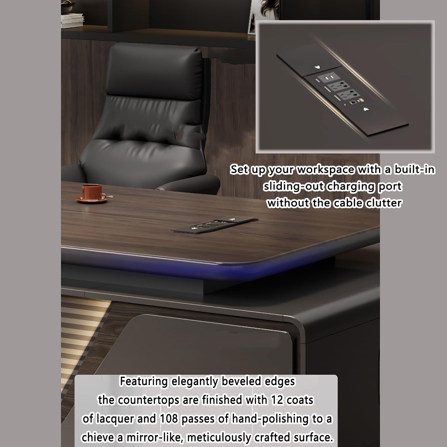 Modern L-Shaped Executive Desk with Drawers, Wooden Office Desk with Hidden Power Outlet, Digital Combination Lock, Aluminum Inlaid Desktop for Home & Professional Office