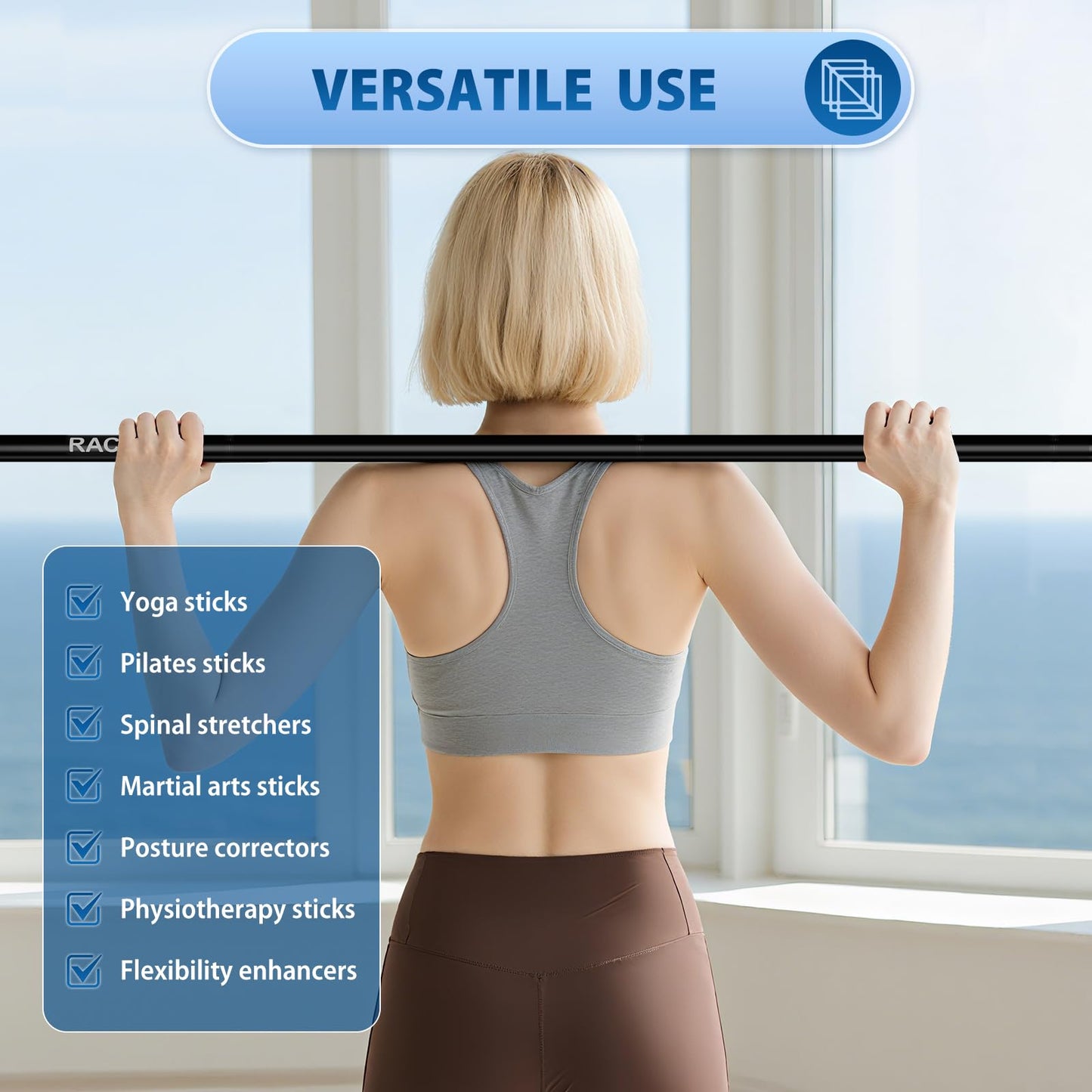 Yoga Stick 5 ft, Sturdy Steel Adjustable Stretching Stick for Mobility, Balance and Flexibility, Versatile Exercise Stick with Non-Slip Ends and Foam Handles for Fitness, and Posture Correction