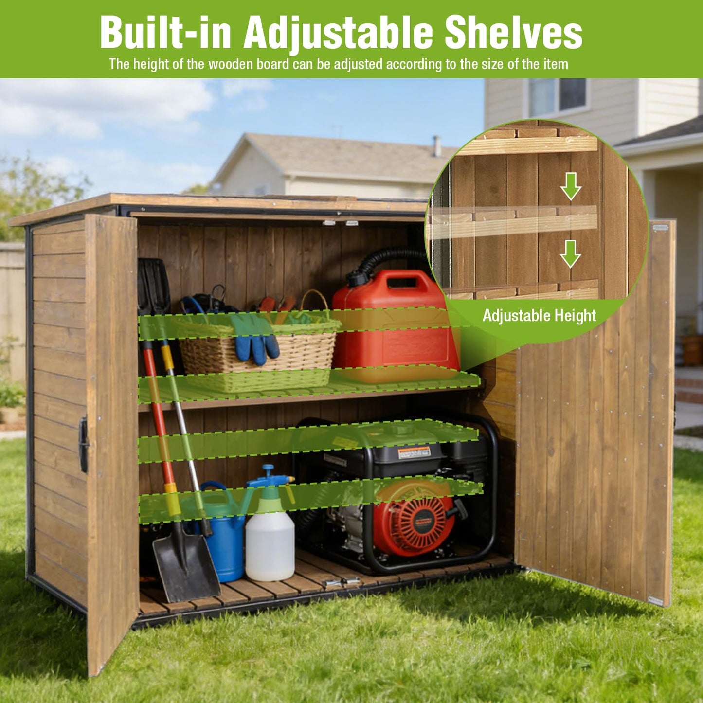 Joyqinchen Outdoor Storage Shed with Strong Metal Frame, Wooden Garden Sheds with Adjustable Shelves and Removable Floor, Weatherproof Outdoor Trash Can Shed, Horizontal Storage Cabinet for Patio