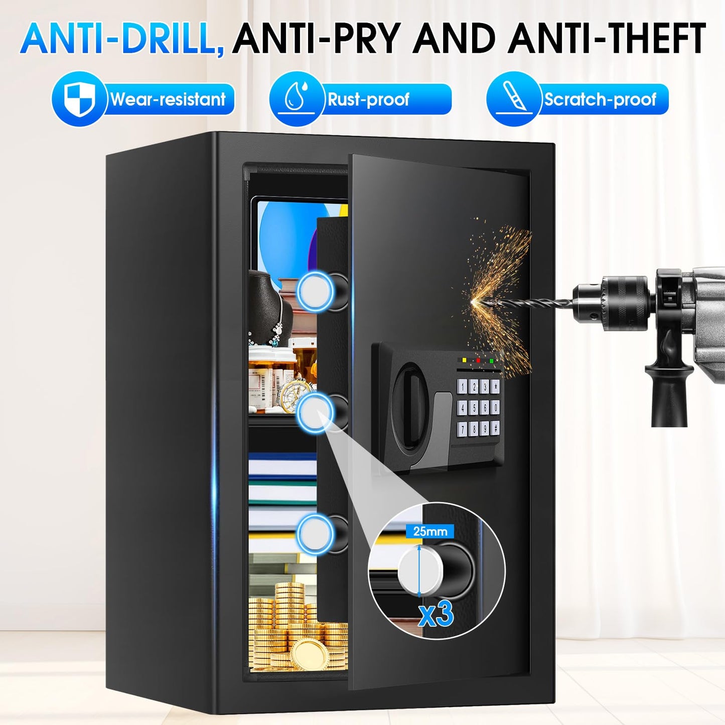 3.3 Cuft Large Fire Proof Safes for Home Use, Personal Fire Safe Box with Electronic Keypad and Spare Key, Removable Shelf, Digital Home Safe Fireproof Waterproof for Cash Documents Valuables