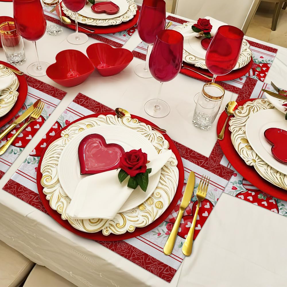 Valentines Day Placemats Set of 6 Washable Table Mats for Kitchen Dining Table, Love Rose Heart Heat-Resistant Cotton Linen Place Mats for Indoor Outdoor Parties Holiday Decoration, Red