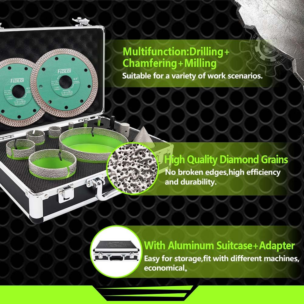 Tile Hole Saw Kit Diamond - (6/8/10/25/35/50/75/127mm Drill Bits+Finger Bit+Chamfer Bit+Adapter+Tile Blade) Diamond Hole Saw Kit for Porcelain Ceramic Marble Brick Granite,5/8"-11 Thread