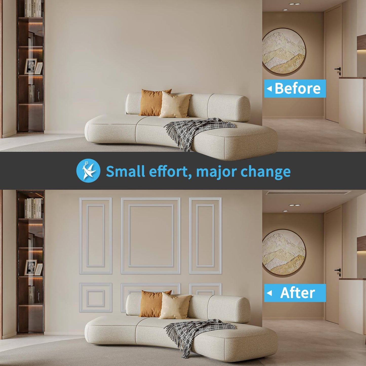 Art3d Premade Bilinear Frame Accent Molding Set, Pre-Cut Decorative Wainscoting Panel for Home Décor, Ready-to-Assemble Glue-On Wall Trim for Living Room Bedroom Corridor, 6 Separate Bilinear Frame