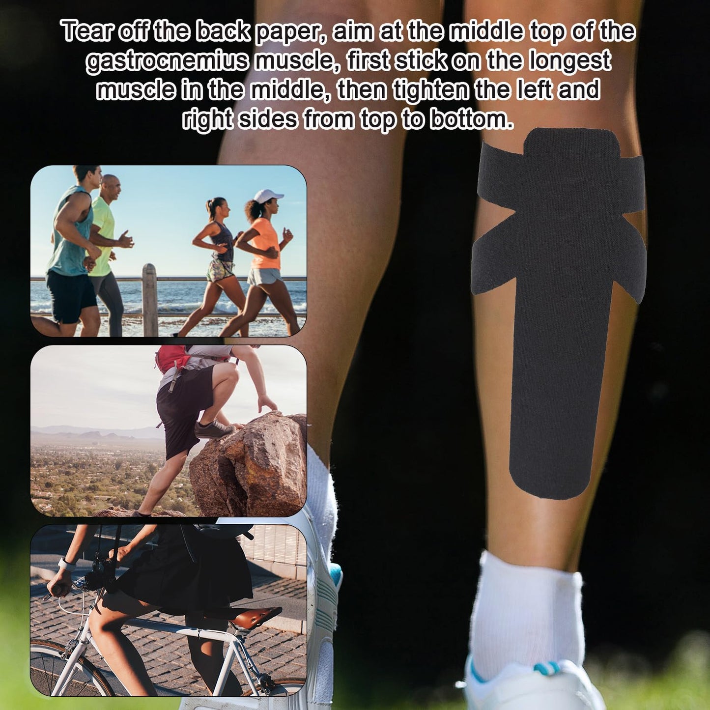 12pcs Precut Kinesiology Tapes for Calf Muscles, Waterproof & Breathable Athletic Calf Support Strips Tape Elastic Sports Tape Stickers for Swelling Muscle Recovery (Black)