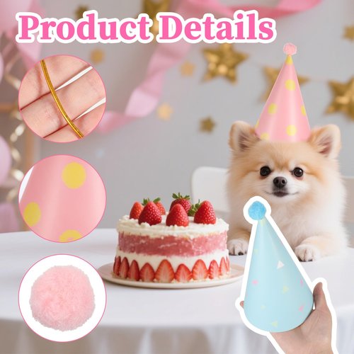 6Pcs Birthday Hats for Dog/Cat, Cute Dog Party Hats with Pom Poms Mini Party Hat Adjustable Mini Cat Birthday Party Hat for Kittens Rabbits Small Animals