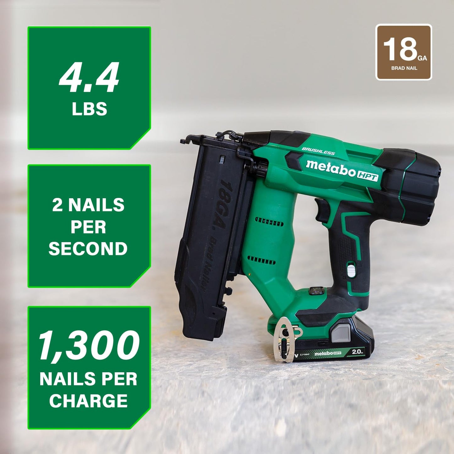 Metabo HPT 18V MultiVolt Brushless Compact Cordless Brad Nailer Kit, 18 Gauge Nailer with Power Tool 2.0Ah Lithium Ion Battery, Drives 5/8" to 2" Brad Nails, NT1850DFT