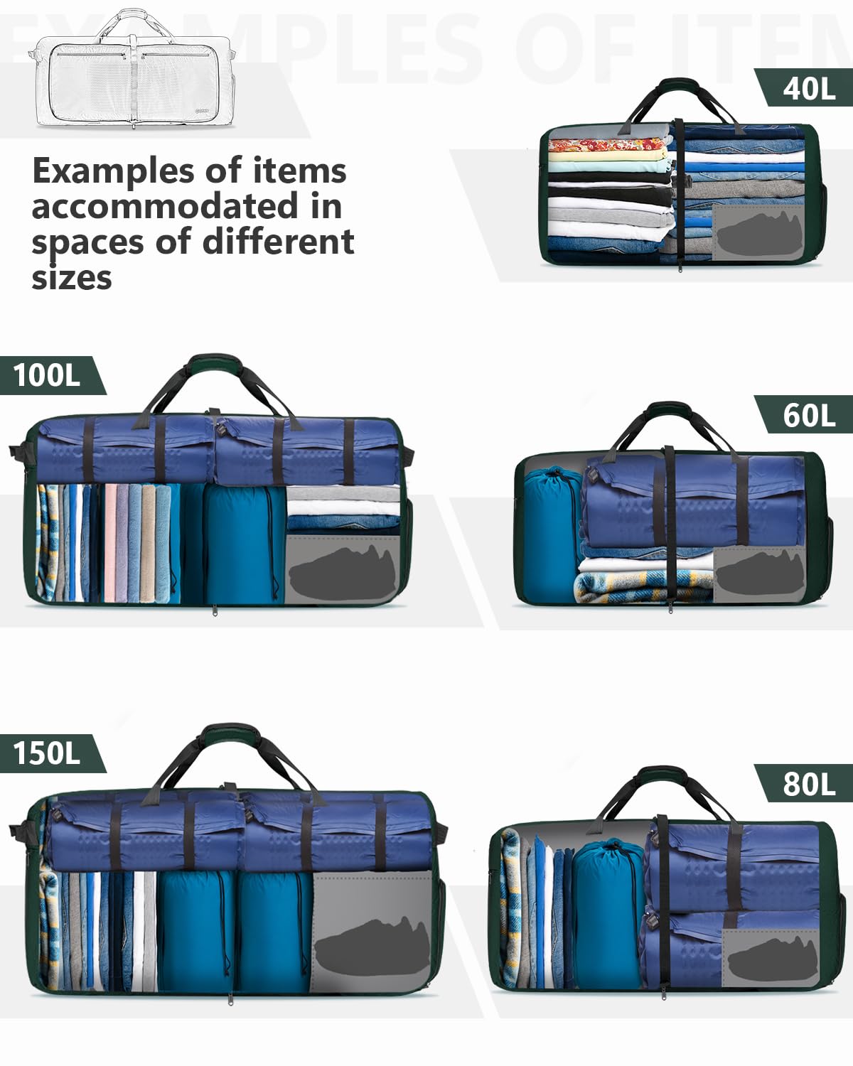 Gonex 80L Packable Travel Duffle Bag Foldable Duffel Bags for Luggage Gym Sports Camping Travelling Cycling Storage Shopping Water & Tear Resistant Dark Green