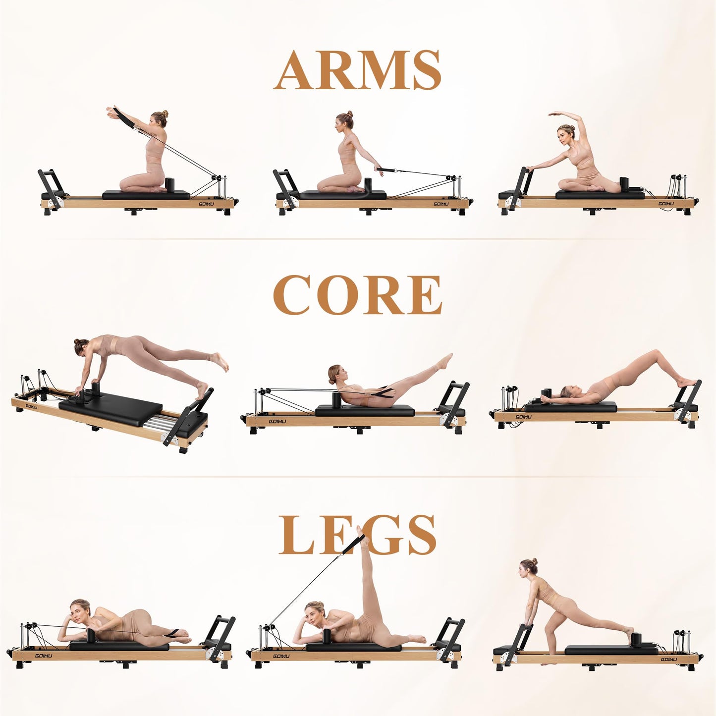 GOIMU Pilates Reformer, 91" Wooden Pilates Reformer Machine with Springs, Foldable Pilates Machine for Studio and Home, Oak Pilates Equipment with Jump Board