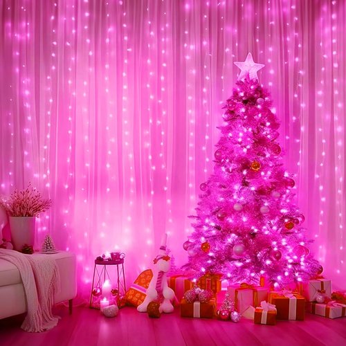 Minetom 300 LED Curtain Lights - Dimmable Fairy Lights with Remote & Timer | Pink USB String Lights for Indoor Decor