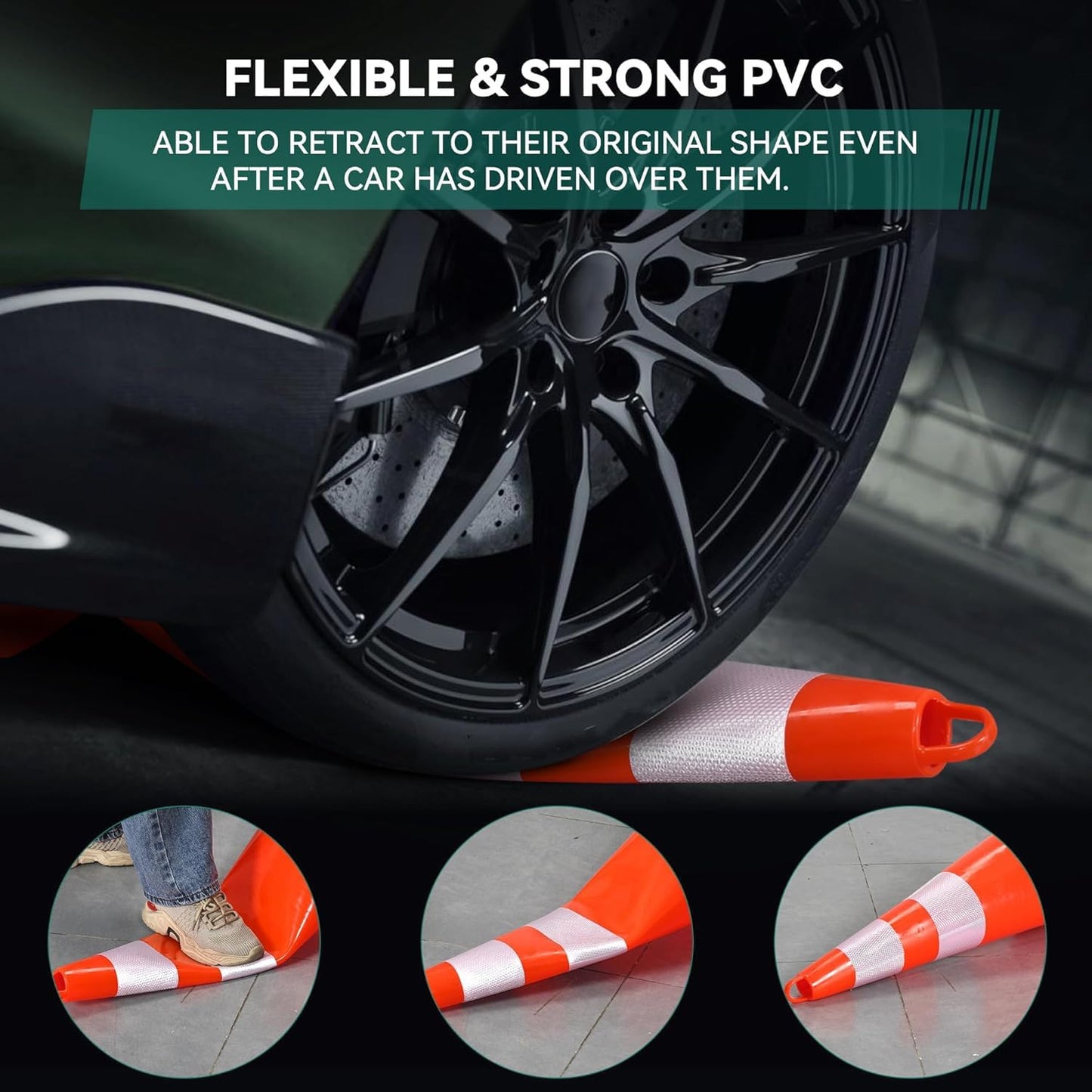 YITAHOME Traffic Cones 28 Inch (24 Pack), with 72FT Chain and Reflective Collars, PVC Safety Cones, Orange Construction Cones for Parking Lot, Home Road