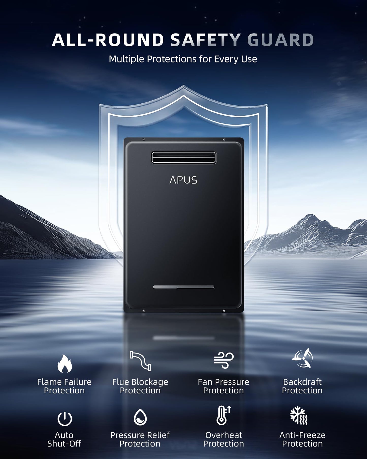 APUS 190,000 BTU Outdoor Tankless Water Heater, 8.1 GPM Natural Gas Instant Hot Water Heater with WiFi & Remote Control, High Efficiency for Supports 5 Outlets