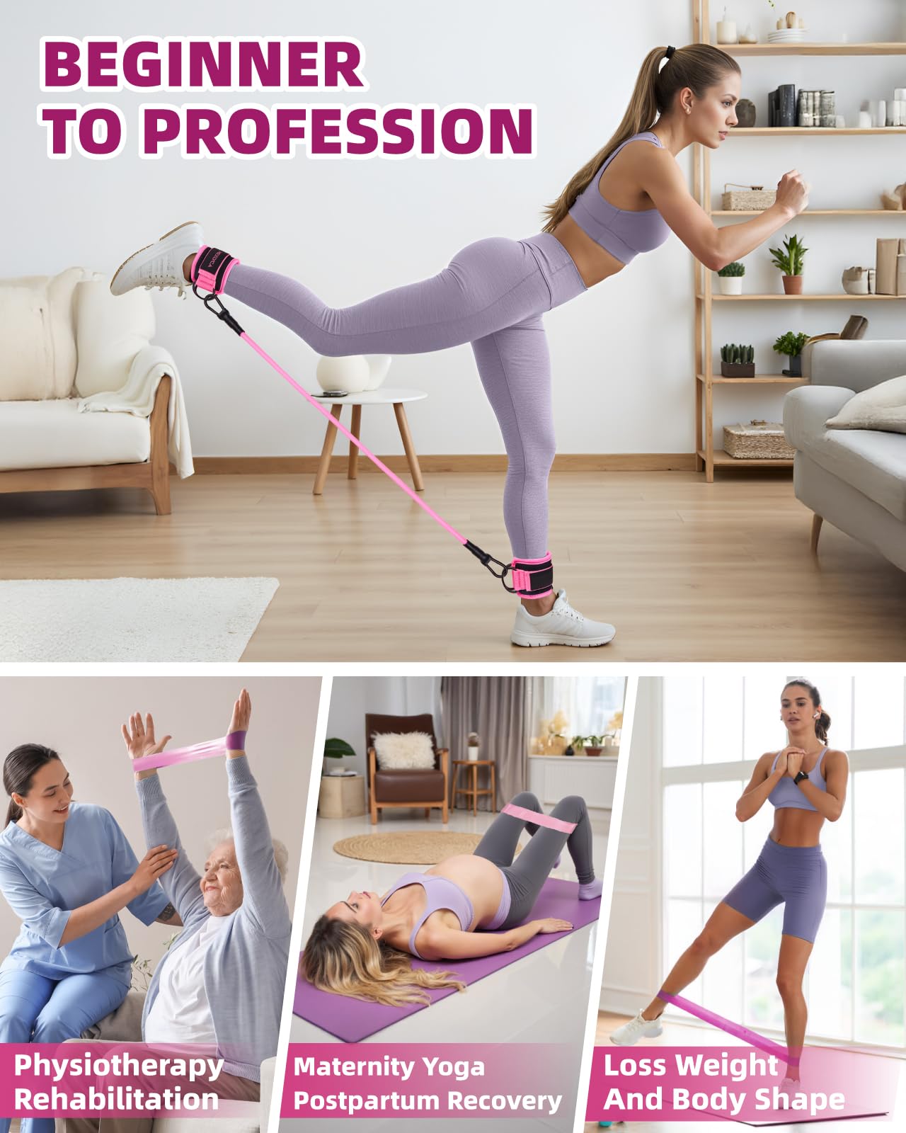 Resistance Bands Set – Resistance Band and Adjustable Ankle Exercise Bands with Cuffs Great Equipment for Training, Working Out, Yoga,Home Gym with Training Guidance & Carry Bag,Set of 8 - Pink
