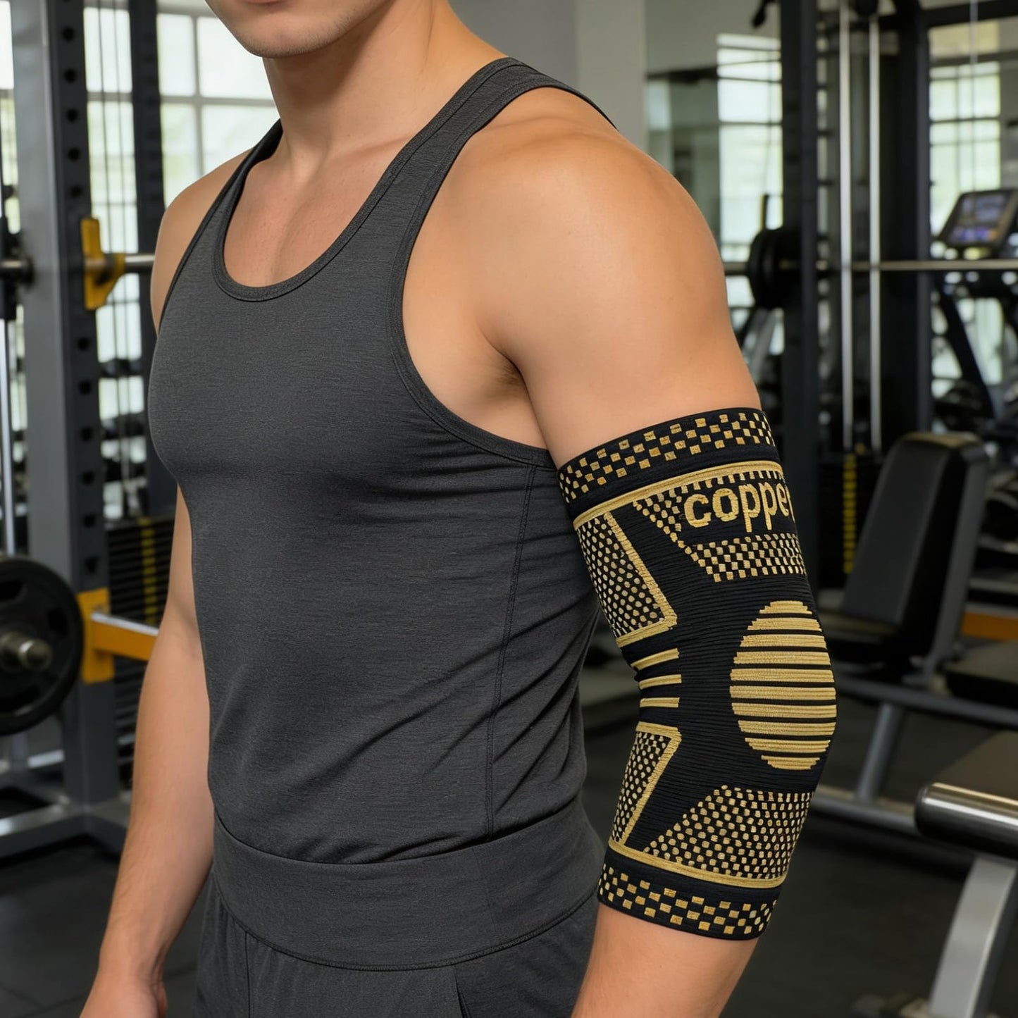 JIQUD Copper Elbow Compression Sleeve, Tennis Elbow Brace for Men and Women, 4-Way Stretch, Pain Relief, Recovery, Arthritis, Tendonitis, Bursitis (Black-Copper, Medium)