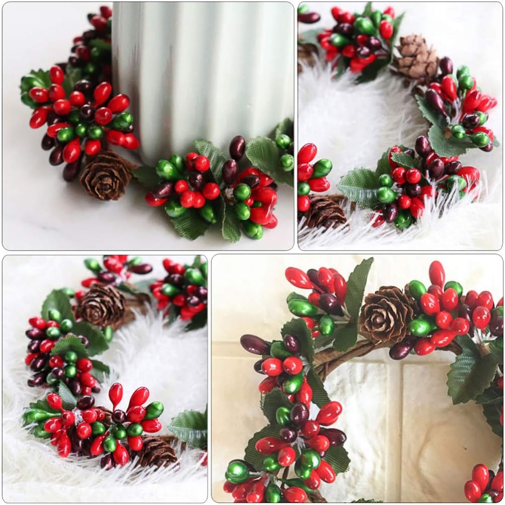 PRETYZOOM Christmas Candle Rings - 4Pcs Artificial Berry Mini Wreaths for Pillar Candles | Holiday Table Decor
