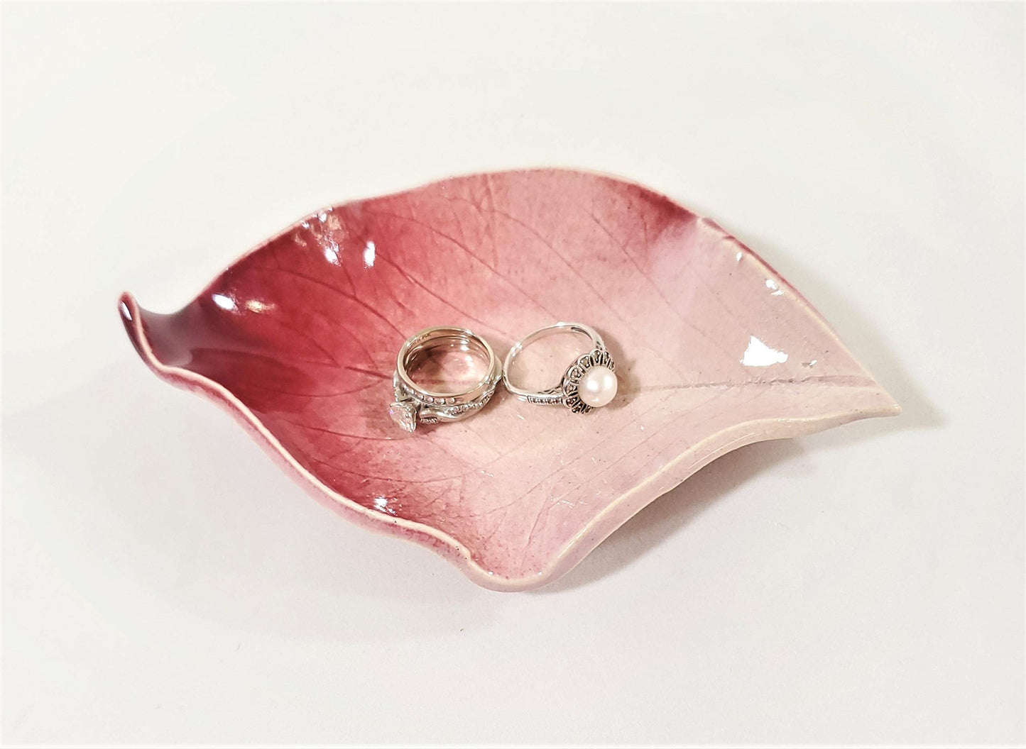 Earthen Vessels Pottery, Hydrangea Leaf Spoon Rest, Tea Bag Coaster, Ring Dish, Set of 3 In Summer Green, Pink & Teal