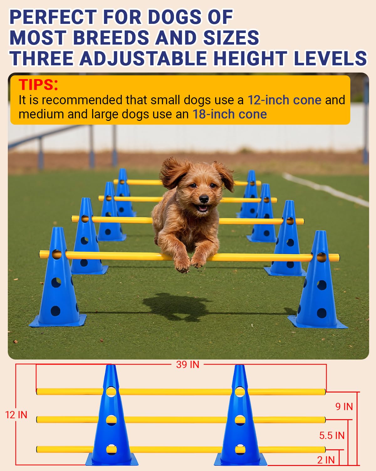 Lupar Dog Agility Course Backyard Set, Dog Agility Hurdle Cone Set with Height Adjustable Crossbar for Rehabilitation & Beginners, Dog Agility Equipment for Dog Obstacle Course - 12 Inch