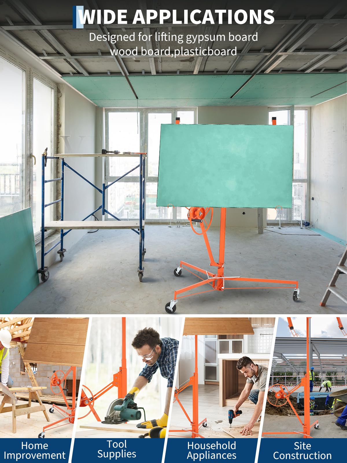 Garvee Drywall Lift 16Ft Sheetrock Lifter,Drywall Rolling Lifter Panel,150LBS Heavy Duty Sheetrock Hoist Panel Hoist Jack with 360° Adjustable Telescopic Arm & 3 Lockable Wheels
