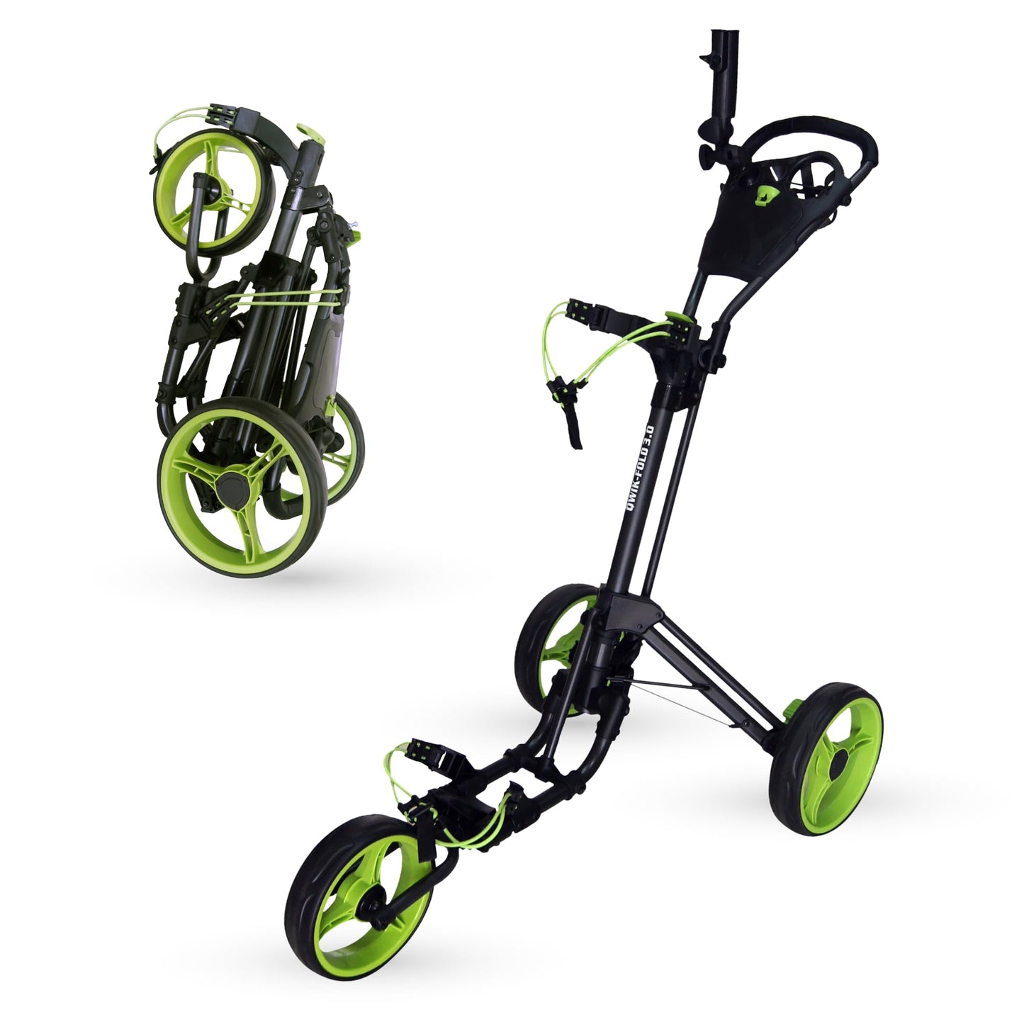 Qwik-Fold 3-Wheel Golf Push Cart with Foot Brake – 1-Second Fold & Unfold Trolley, Lightweight Aluminum Frame, Adjustable Handle, Smooth Ball-Bearing Wheels, Umbrella Holder & Storage - Lime