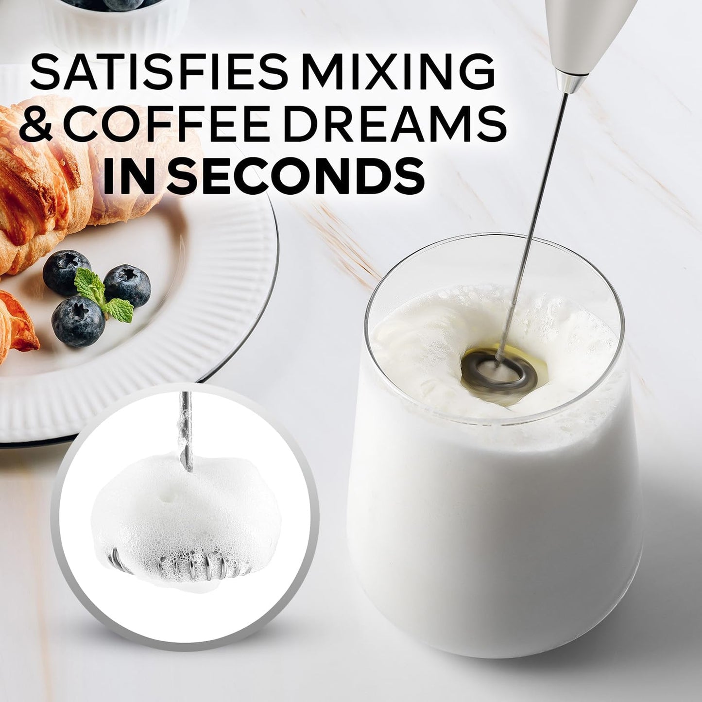 Zulay Kitchen Milk Frother Wand - Ultra-Fast Handheld Drink Mixer with Batteries - Light Gray
