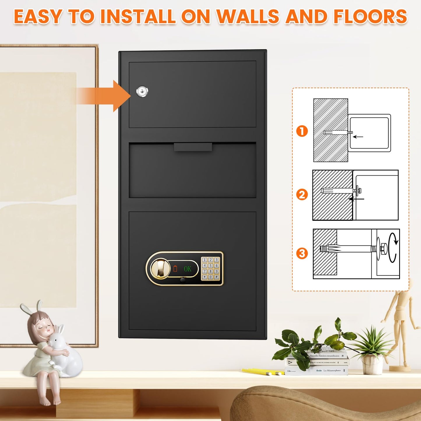 6.0 Cu ft Large Drop Safe Box for Business, Anti-Theft Cash Safes Drop Box with Drop Slot, Digital Keypad and Spare Key, Heavy-duty Depository Drops Safe for Home Retail Busines Restaurants
