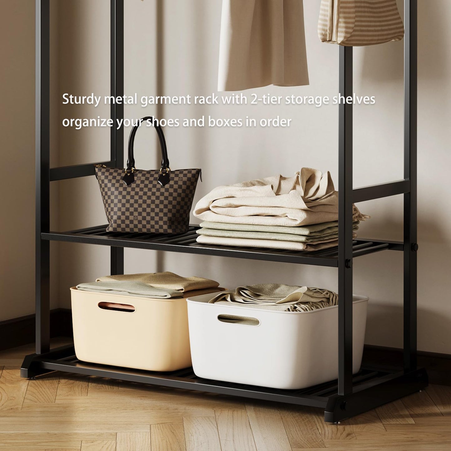 ZHBHYZ Sturdy metal clothes rack,Black freestanding clothing rack with bottom shelves and 6 side hooks,garment rack for hanging clothes,Modern wardrobe rack for Bedroom or cloakrooms
