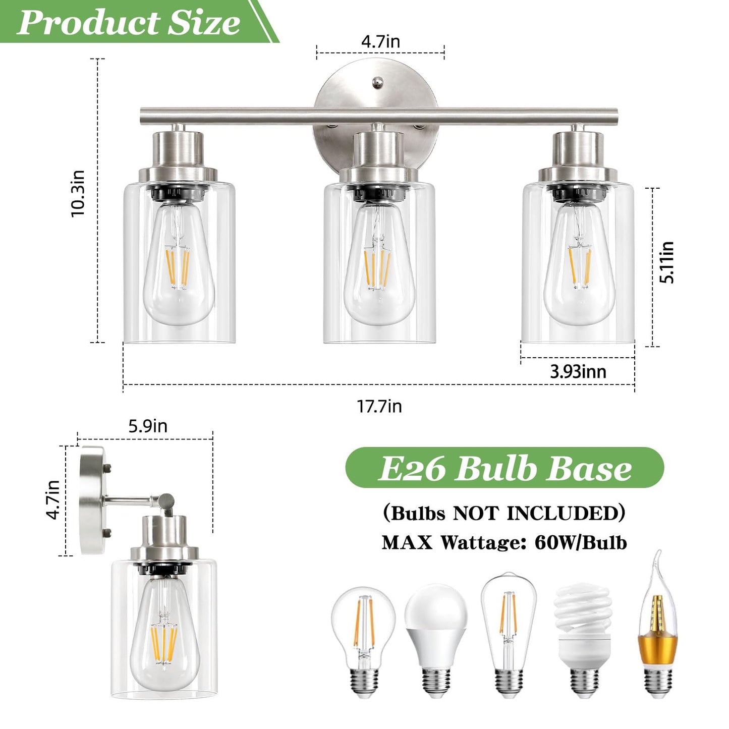 Guliaofo 3-Light Brushed Nickel Vanity Lights, E26 Modern Bathroom Light Fixtures with Clear Glass Shade, Wall Lamps for Mirror Kitchen Hallway Cabinet Living Room Sconces Lights