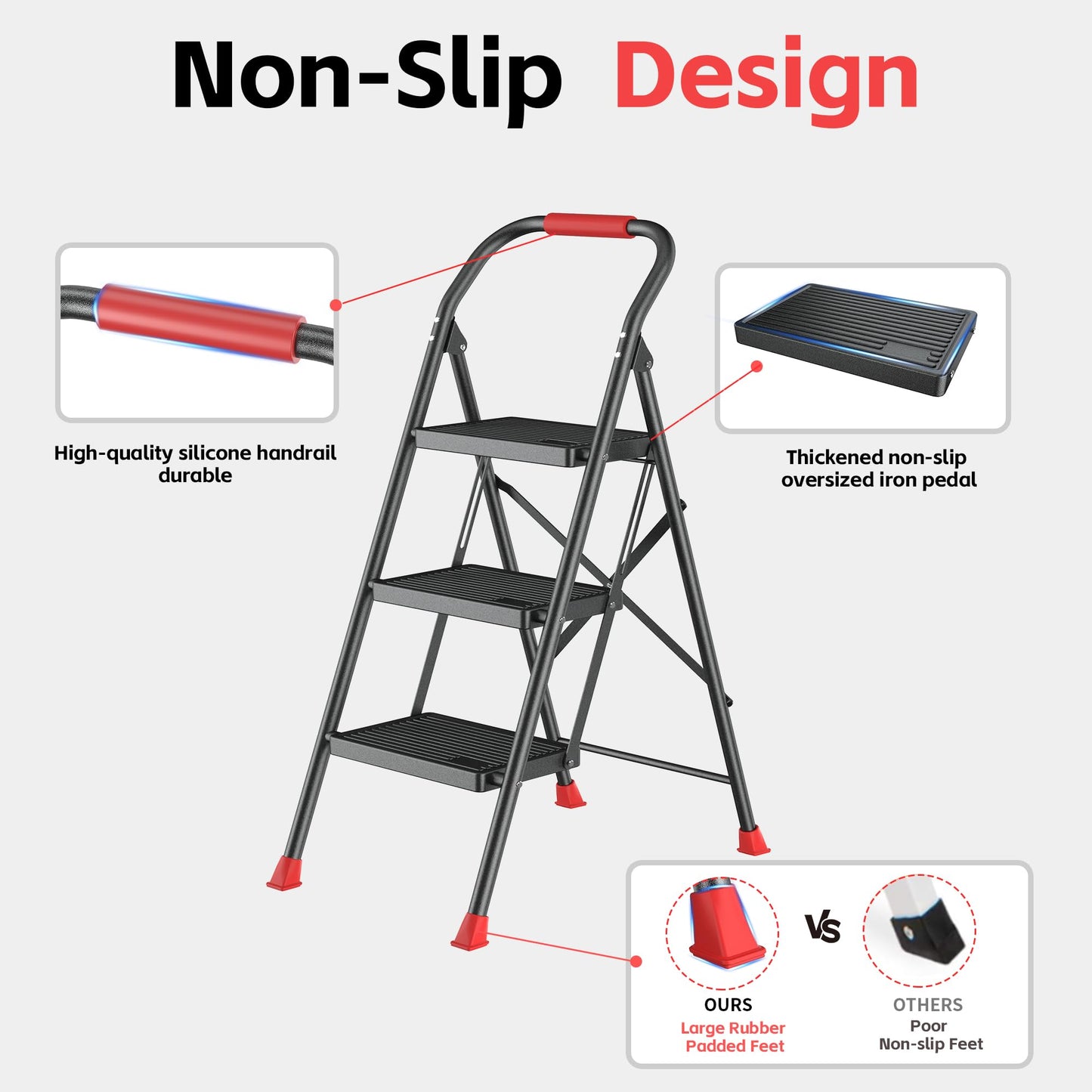 Step Ladder Foldable Folding Stool - for Home Adults Kitchen 3 Stepping Extension Tall Heavy Duty with Handrails - Closet Stepstool Stair Ladders Extendable Stepladder for Indoor House 600Lbs