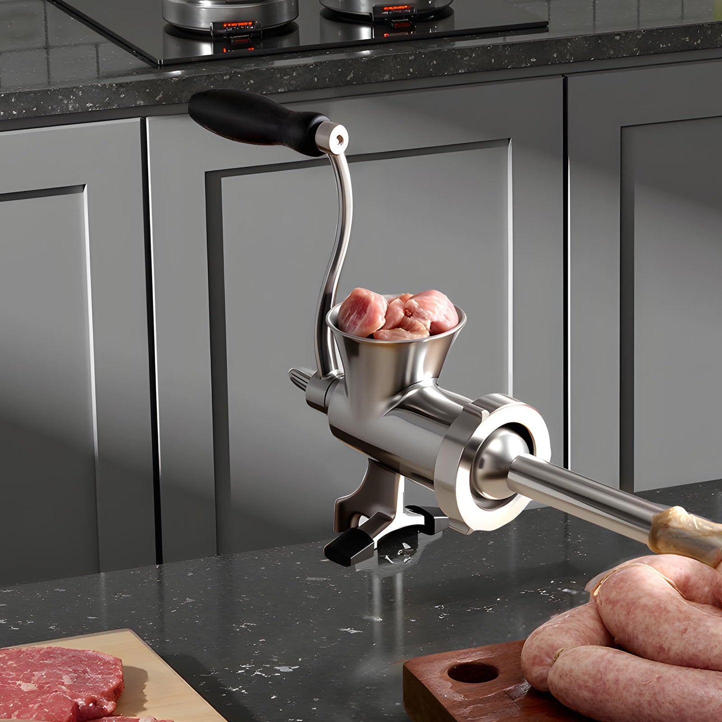 VEVOR Manual Meat Grinder, 304 Stainless Steel Hand Crank Meat Mincer with Steel Table Clamp, Sausage Stuffer with 2 Cutting Plates & Sausage Tube, Food Grinder for Beef Chili Pork Kitchen Tabletop