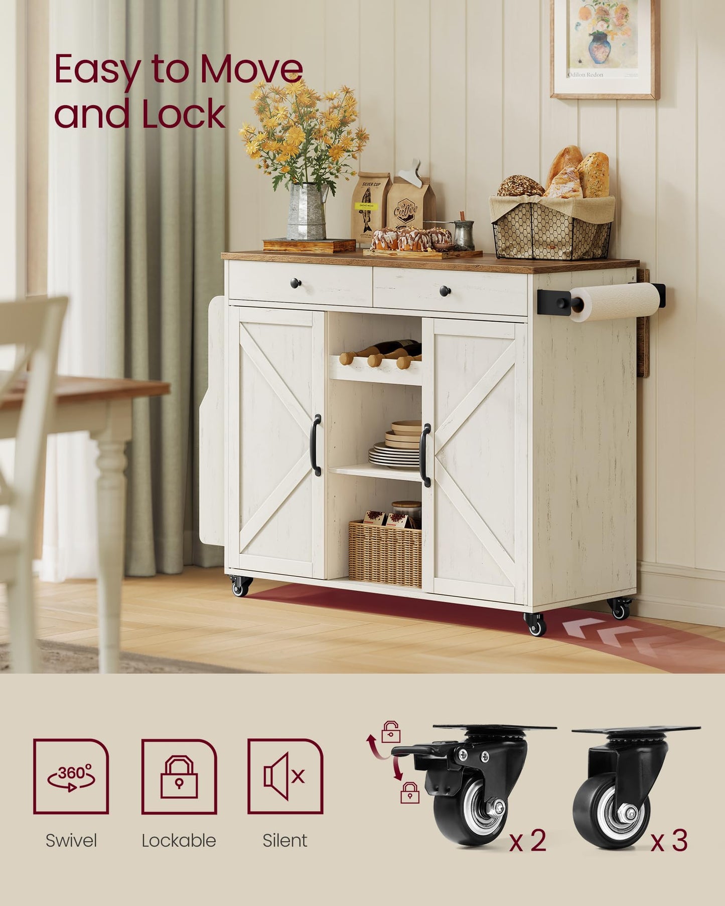 VASAGLE Mobile Kitchen Island with Drop Leaf, Portable Island with Spice Rack, Mobile Cart with Storage Cabinet, 17.7-28.7 x 49.3 x 36 Inches, for Dining Room, Rustic White and Honey Brown UKKI012W01