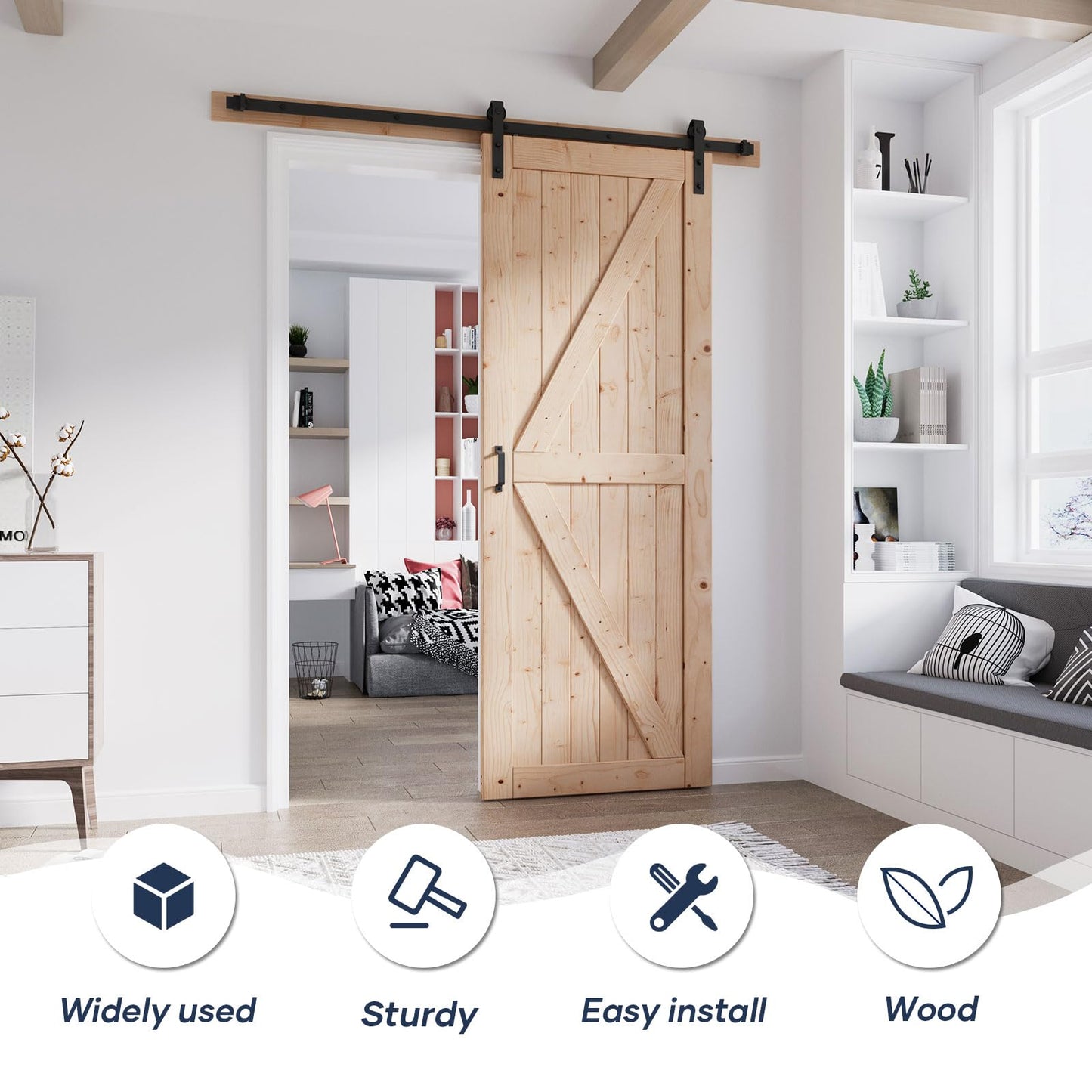 FREDBECK 36in x 96in Wood Sliding Barn Door with 6.6FT Barn Door Hardware Kit Included K Shape Solid Spruce Panel Sliding Door Double Surfaces Need to Assembly