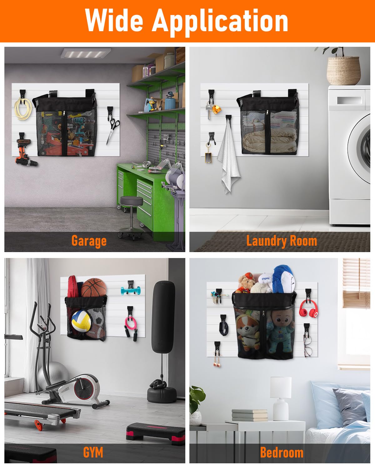 ZORUNNA 2PCS Slatwall Basket with Zipper, 6 PCS Heavy Duty Hooks, 16x15x11 Inch Slatwall Accessories, Easy to Install Garage Storage Mesh Basket for Shop Gym Toy Display Storage.