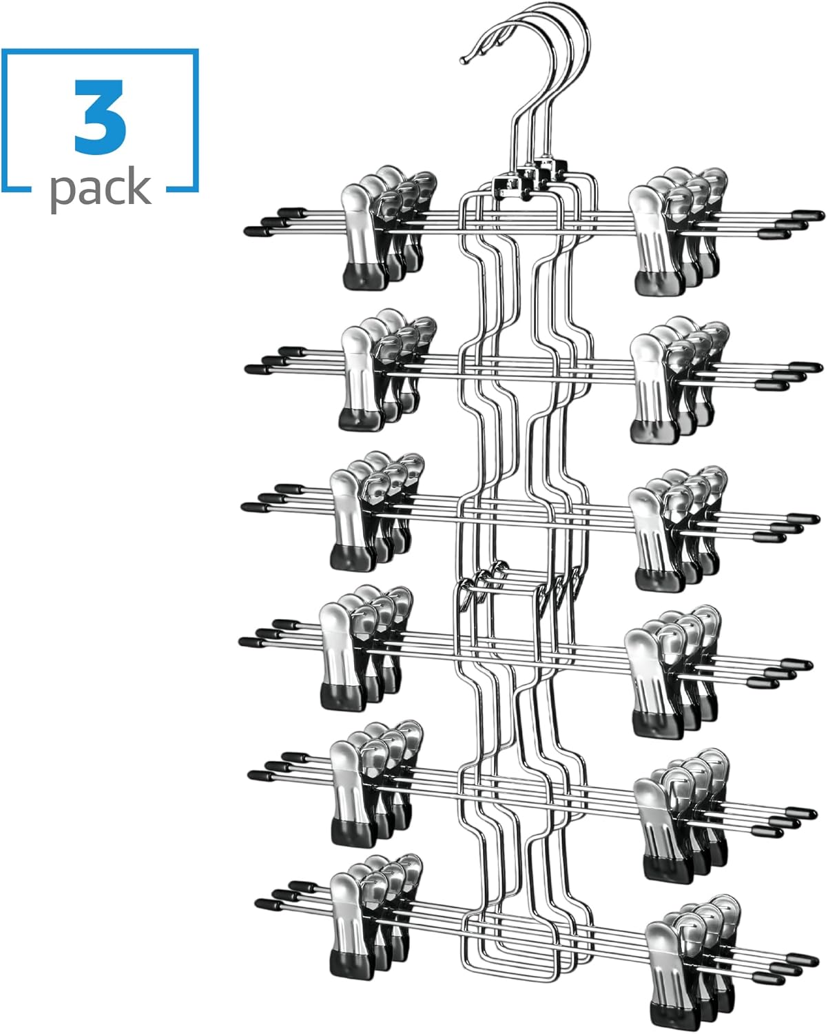 ZOBER 3-Pack Skirt Hangers with Clips - Space-Saving Closet Organizer with Swivel Hooks