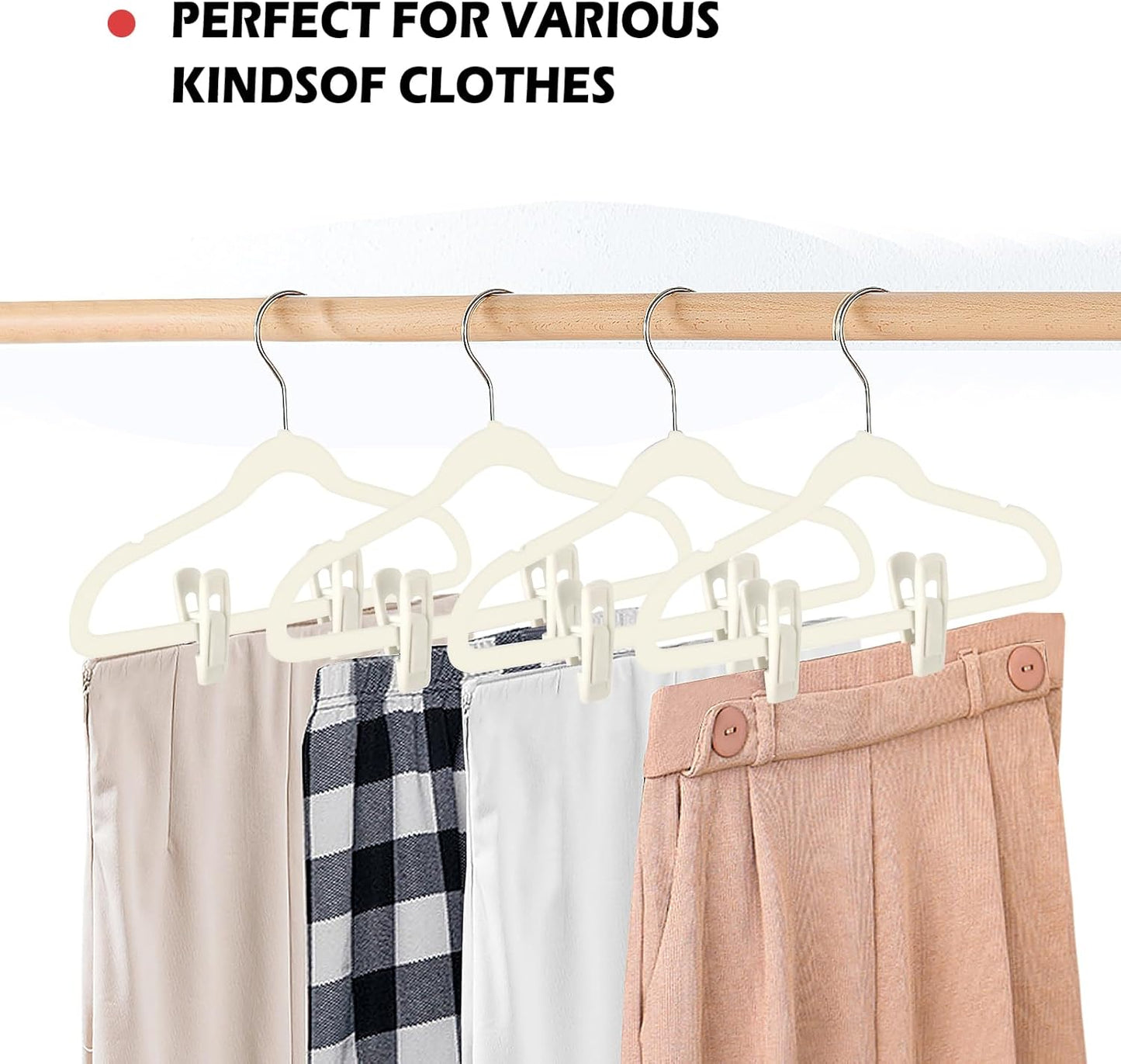 Tinfol Ivory Velvet Hanger Clips - 24 Pack Large Opening Clips for Slim-Line Clothes Hangers