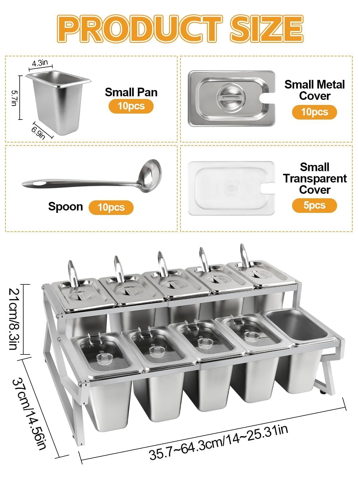 Kalolary 10 Pans Pizza Topping Storage Station, 2 Row Adjustable Stainless Steel Condiment Containers with Lids Spoons Ice Food Serving Display Container Salad Bar Buffet Station for Home Kitchen
