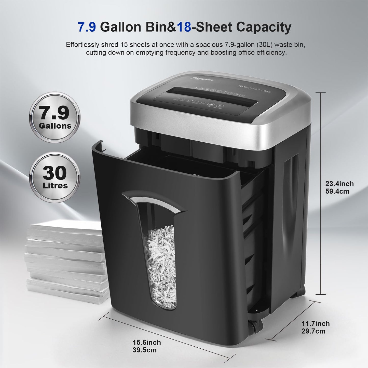 Wingwise 18 Sheets 120-Minute Paper Shredder, 7.9 Gallon Bin, P4 Cross-Cut Heavy-Duty Shredder for Home & Office Use