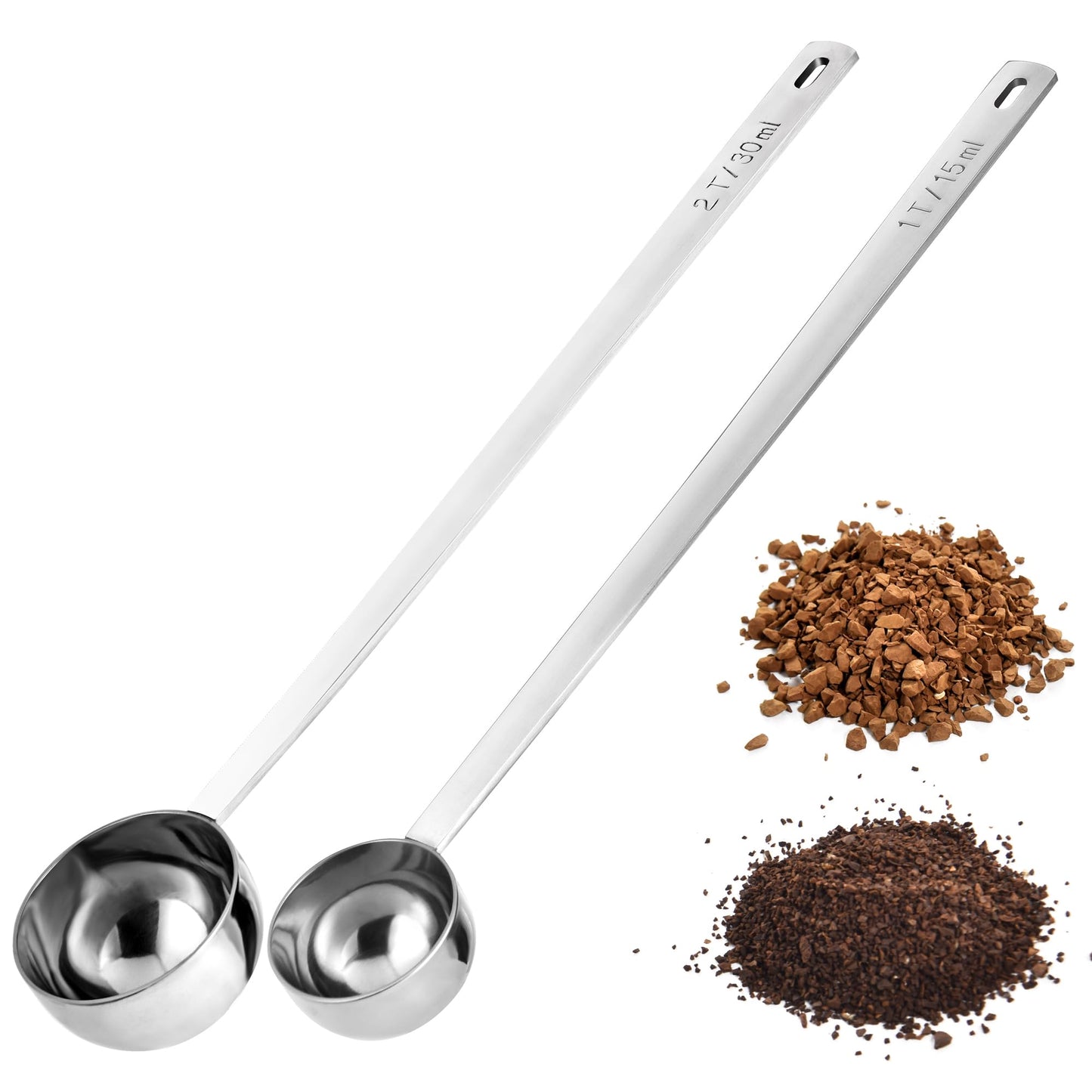 18/8 Stainless Steel Coffee Scoops, Doosu Food-Grade Metal Measuring Spoons with 8.5in Long Handle, Tablespoon Scooper for Coffee Beans, Ground Coffee, Espresso, Protein Powders, Tea (1 & 2 Tbsp)