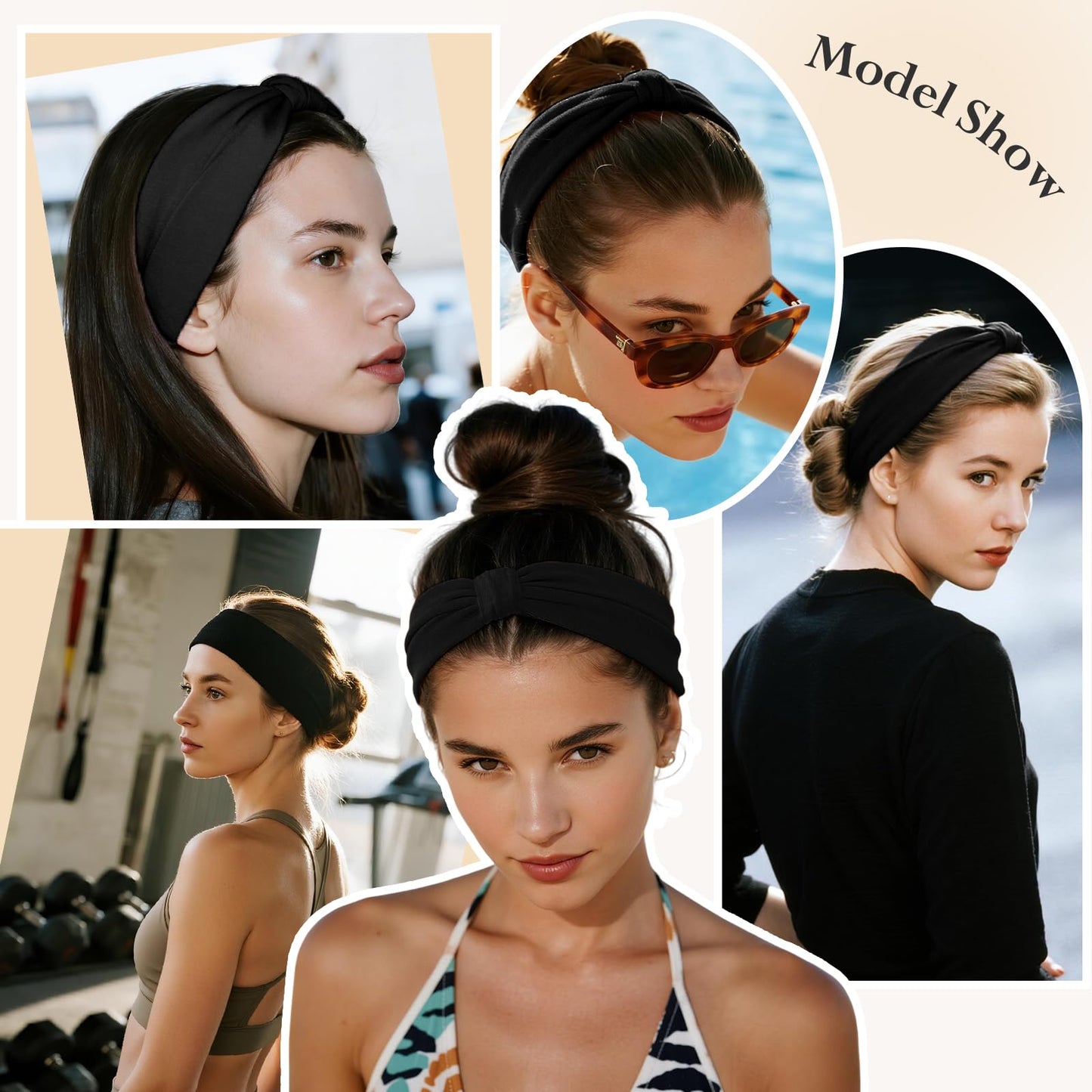 HSEM Headbands for Women, Wide Elastic Head Bands, Non-Slip Thick Hair Bands, Sports Stretchy Sweat Bands, Large Knotted Soft Headband for Washing Face, Makeup, Workout, Spa, Fashion, 6-Pack Black