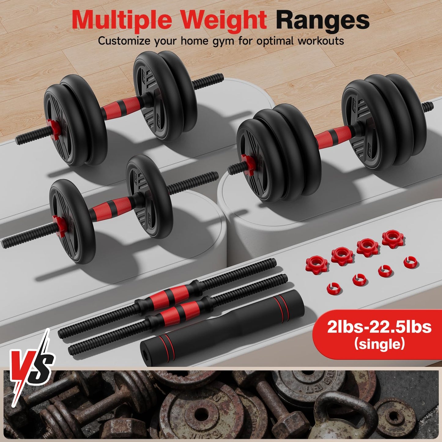 Cvonte Adjustable Dumbbell Set, 45lbs Free Weight Set With Double Locknut, 5-in-1 Dumbbells Set Includes Barbell, Kettlebells, Push up Stand, Fitness Exercise for Home Gym Suitable Men/Women